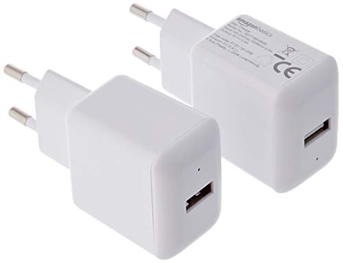 AmazonBasics - Caricabatterie da parete con una porta USB (2,4 A) - Bianco; Confezione da 2