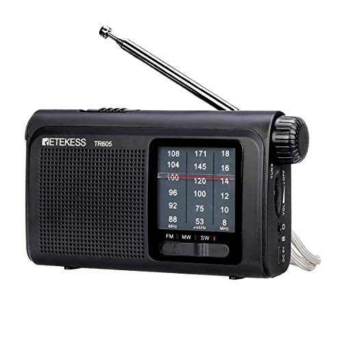 Retekess TR605 FM/AM/SW Radio portatile Radio Tascabile Tradizionale con Emergenza Torcia Ricaricabile Batteria per Anziani (Nero)