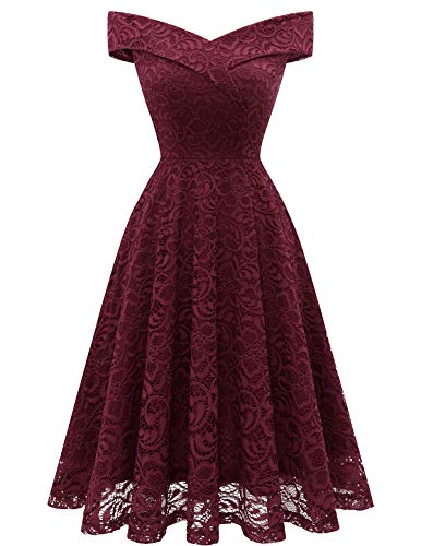 Homrain Abiti da Donna Elegante off Spalla Abiti a Pieghe Abiti da Sposa in Pizzo Alto Basso Abito da Cerimonia da Sera per Banchetti Burgundy XL