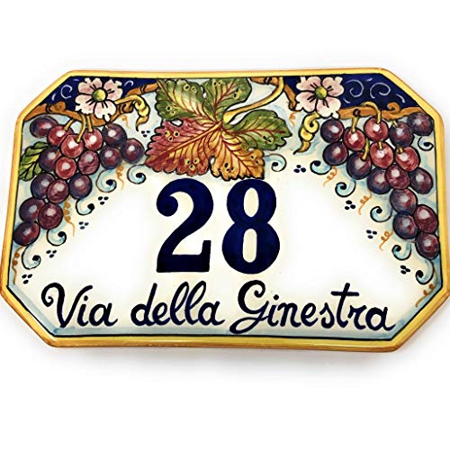 CERAMICHE D'ARTE PARRINI- ceramica italiana artistica, numero civico 23x15 personalizzato, decorazione uva, dipinto a mano, made in ITALIA Toscana