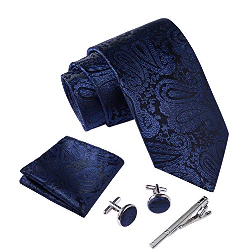Massi Morino ® Cravatta uomo + Gemelli + Fazzoletto (Set cravatta uomo) regalo uomo con confezione regalo (Paisley blu scuro)