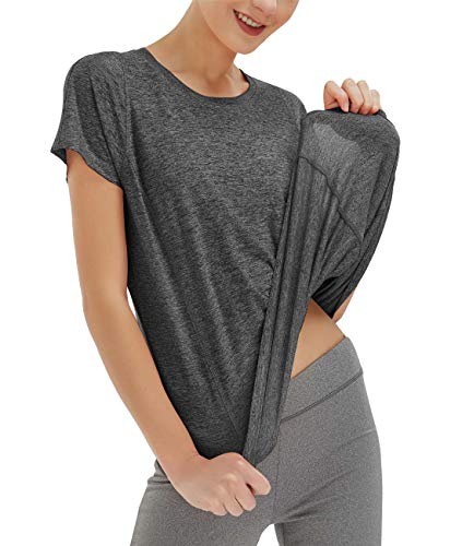 SPECIALMAGIC - Maglietta Sportiva da Donna Maniche Corte per Allenamento Abbigliamento da Yoga Canotta Palestra Nero Grigio XL