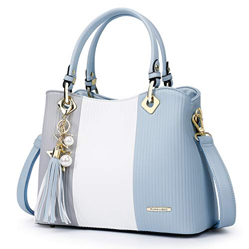 Pomelo Best Borsa a mano Donne Pelle Spalla Tracolla Tote Frangia in PU con Decorazione argento (Azzurro)