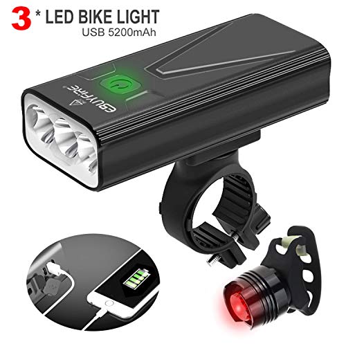 EBUYFIRE Luci Bicicletta LED Ricaricabili USB, Super Luminoso 3000 Lumens 3 modalità,5200mAh IPX5 Impermeabile Luci Bici Anteriori e Posteriori (con fanale Posteriore Non Ricaricabile)