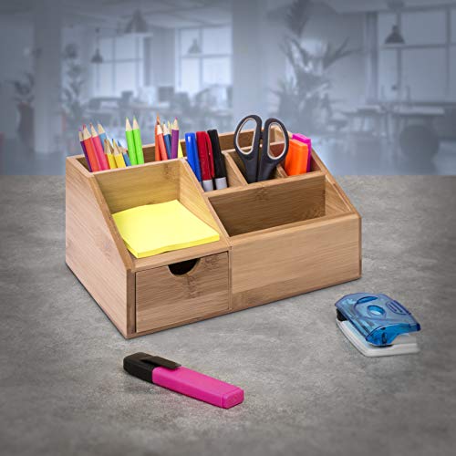 woodluv, organizer da scrivania in bambù, portapenne, portamatite, per contenere lettere e tablet, multifunzione, 24,5 x 15 x 11 cm