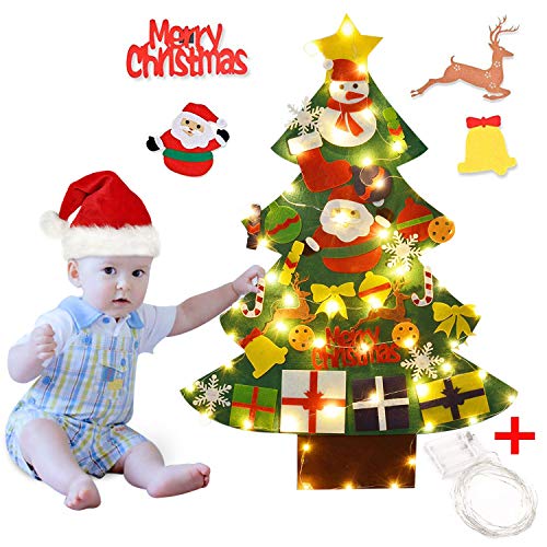 Outgeek Albero di Natale in Feltro, 3.28ft Albero di Natale in Feltro Decorativo Fai da Te con 50 luci a LED 30PCS di Ornamenti per Bambini Regali di Capodanno Porta di Natale Murale