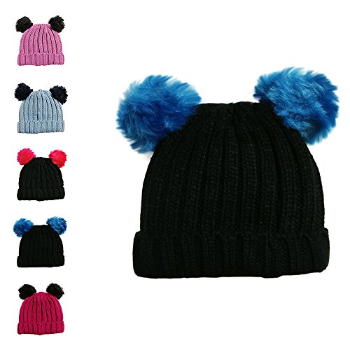 Cappello invernale per bambini e ragazze, con pompon singolo o doppio, caldo 2 POM POM HAT BLACK&BLUE