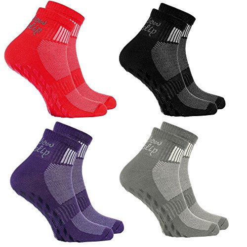 Rainbow Socks - Donna Uomo Sportive Calze Antiscivolo ABS di Cotone - 4 Paia - Negro Grigio Rojo Porpora - Tamaño 44-46