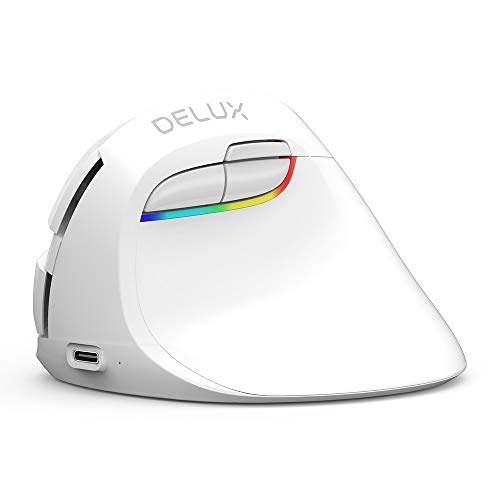 DELUX Mouse Verticale Wireless, Mouse Ergonomico con BT 4.0 e 2.4G Wireless, Batteria Ricaricabile integrata, Design Silenzioso, 6 Pulsanti e 4 Livelli DPI, Mouse ottico per PC con Luce RGB, Bianco