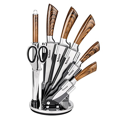 Velaze Set Coltelli, Coltelli Cucina Set 8 Pezzi, Ceppo Coltelli, Set di Coltelli Professionali Chef in Acciaio Inossidabile con Blocco Coltelli Girevole - Marrone