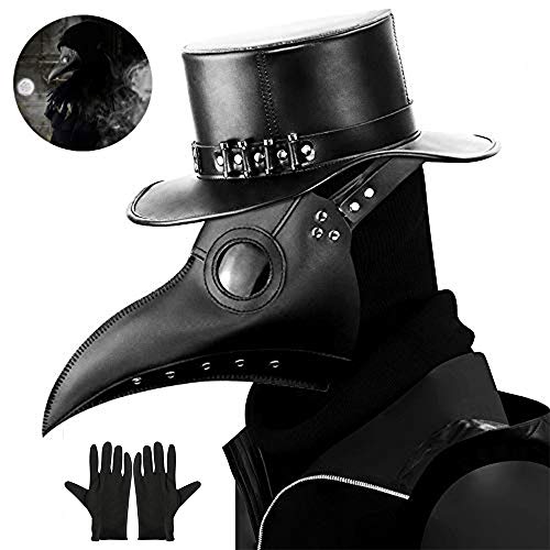 Kungfu Mall - Maschera da medico della peste in stile gotico, travestimento cosplay in stile steampunk, maschera da uccello, copertura dark per feste di Halloween, corredata di guanti
