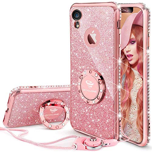 OCYCLONE Cover iPhone XR, [1 Custodia + 1 Cordino] Glitter Bling Scintillante Brillantini Custodia con Ring Kickstand Rotante a 360 Gradi Donna Cover per iPhone XR da 6.1 Pollici - Rosa