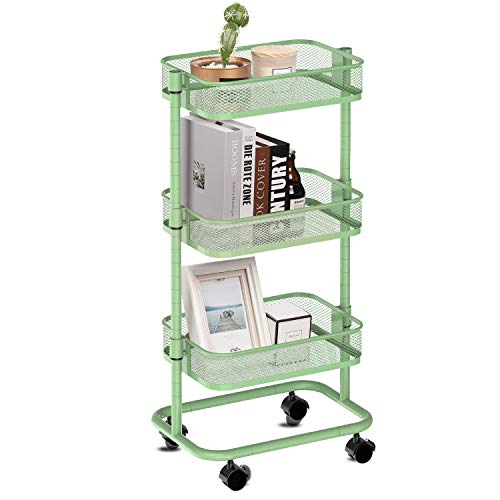 alvorog Carrello Cucina in Metallo, Carrello Portaoggetti con 3 Cesti di Filo Metallico, Altezza Regolabile, Assemblaggio Senza Viti, Scaffale con Ruote, per Cucina, Bagno e Studio - Verde