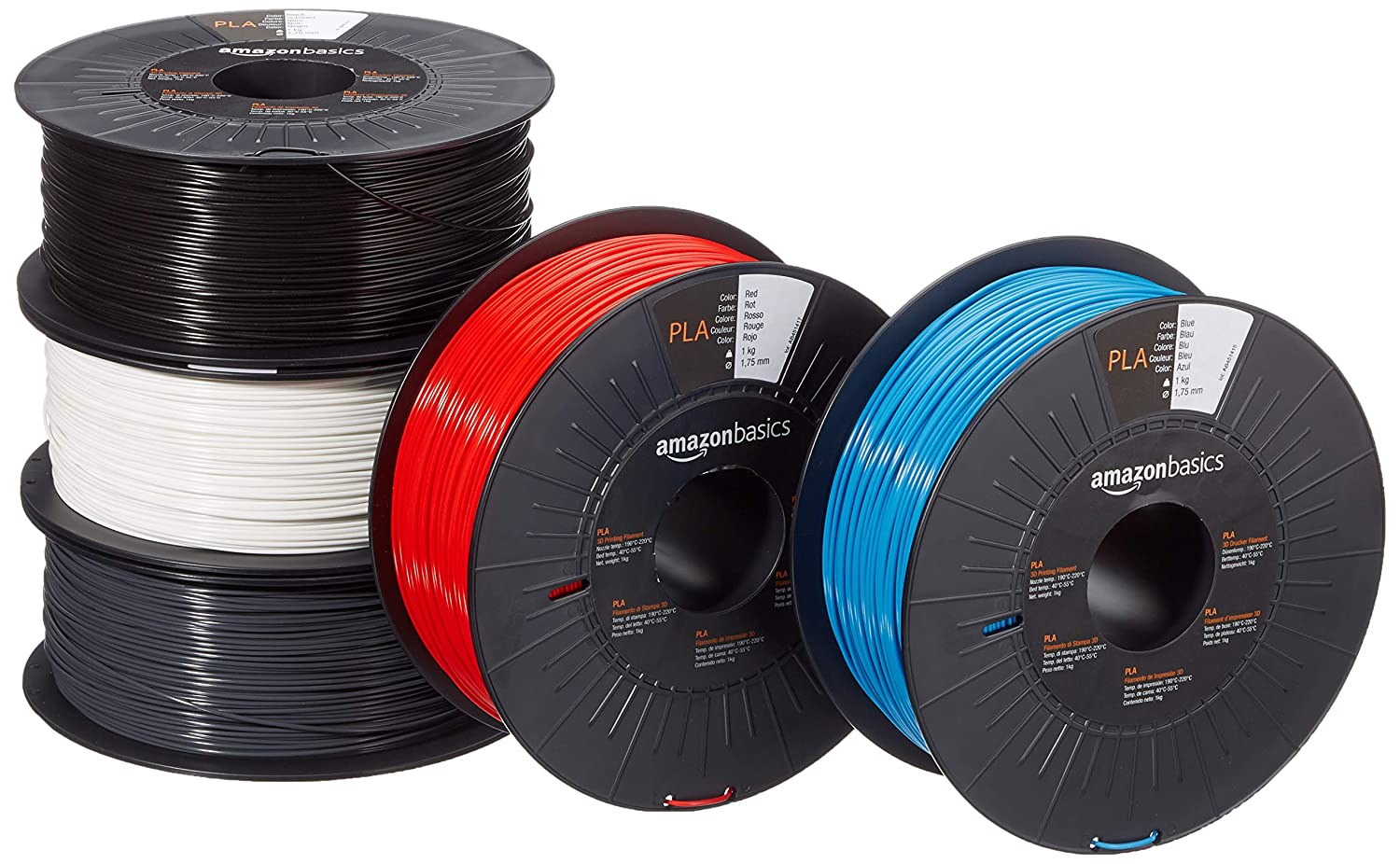 AmazonBasics - Filamento per stampanti 3D, 1,75 mm, 5 colori assortiti, 1 kg per bobina, 5 bobine