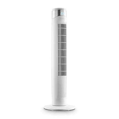 KLARSTEIN Storm Tower - Ventilatore a Torre, 55 W, Flusso: 252 m³/h Max, 3 modalità, 6 velocità, Display LED, Timer, Alloggiamento con Impugnatura, Pannello Touch, Oscillazione Fino a 80°, Bianco