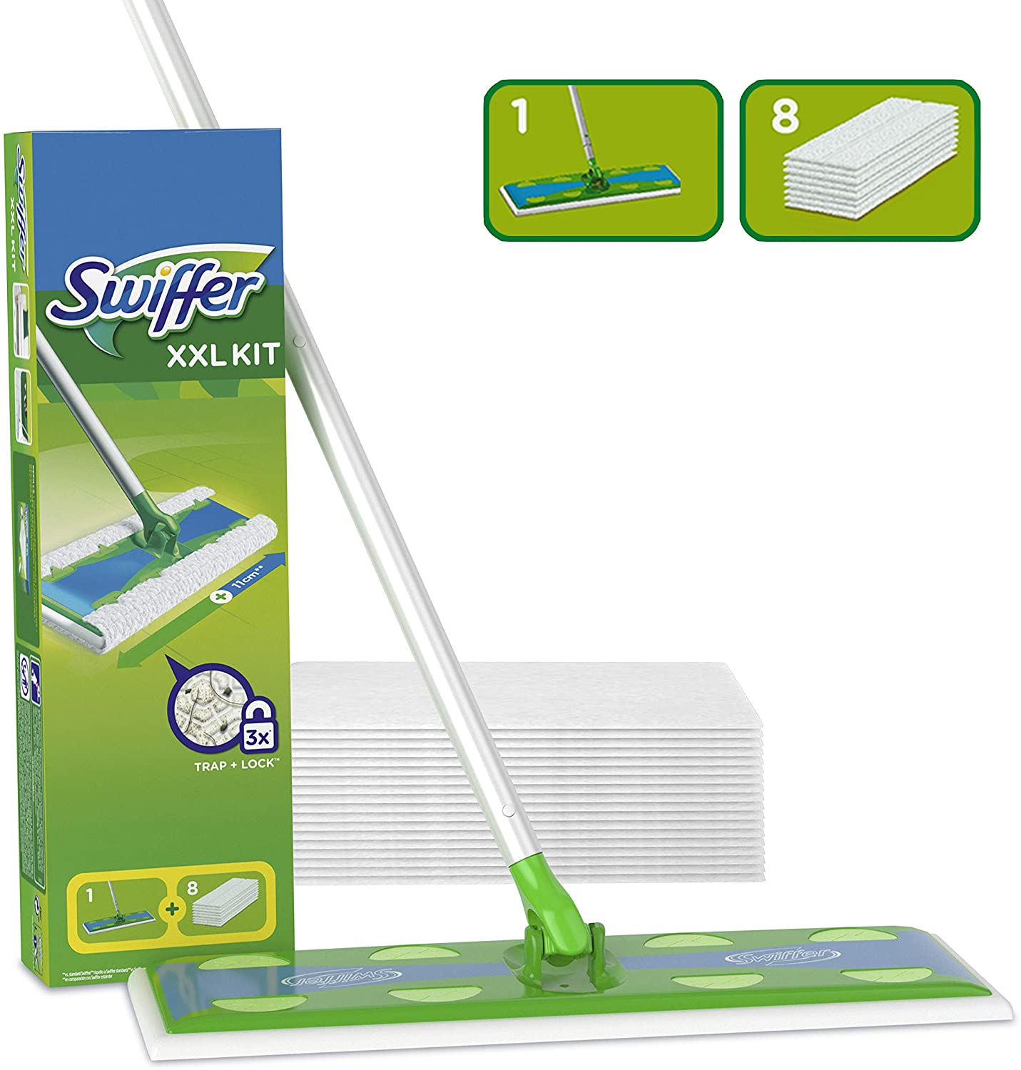 Swiffer Starter Kit XXL Scopa con 1 Manico + 8 Panni di Ricambio, per Catturare E Intrappolare La Polvere