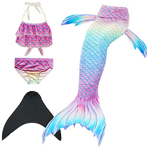Wishliker - Set da 4 pezzi per costume da sirena, da bambina, con coda da sirena e bikini G2 + xia 150 cm