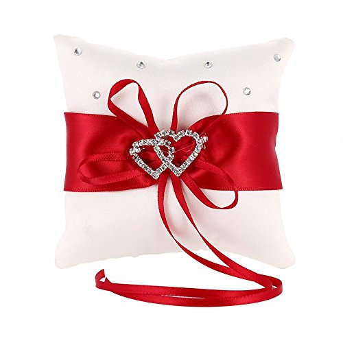 MINGZE Anello Cuscino Anello di nozze portatore cuscino decorazione romantico matrimonio nastro bowknot fascino strass amore cuore cuscino dell'anello (Rosso, 15*15cm)