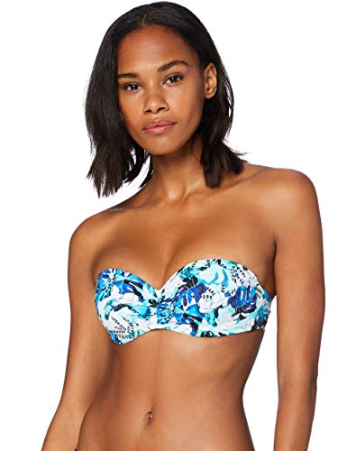 Marchio Amazon - Iris & Lilly Reggiseno Bikini a Fascia Donna, Blu (Blue Leaf), S, Label: S