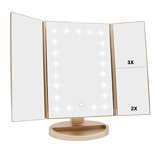 WEILY Specchio per Il Trucco con Luce a LED con Touchscreen Tri-Fold, ingrandimento 1x / 2X / 3X e Caricatore USB o Wireless, Supporto Regolabile a 180 ° per Lo Specchio cosmetico per Il Trucco-Oro