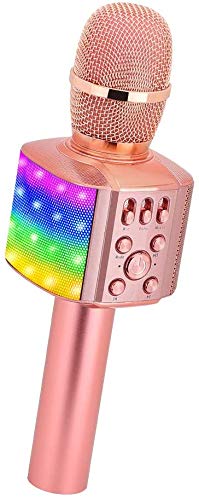 Karaoke Microfono Senza Filo Aggiornato BONAOK con Luci LED Colorate Lampeggianti, 4 in 1 Microfono Karaoke, Portatile Macchina Karaoke Festa a Casa Speaker Regalo per Android/iOS (Oro Rosa Plus)