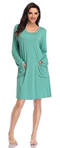 SHEKINI Donna Camicia da Notte in Modal Manica Lunga Pigiama T-Shirt Vestito Sciolto con Tasca(Verde,M)