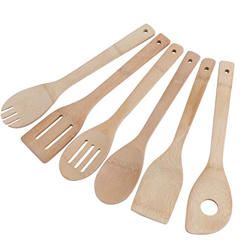 TsunNee - Set di cucchiai/spatole da cucina, in bambù, 6 pezzi, tinta unita