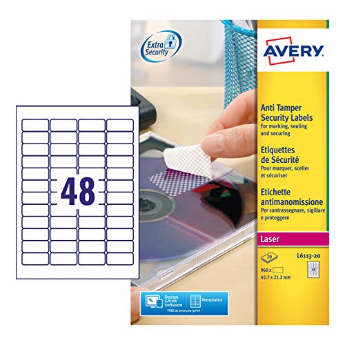 Avery L6113-20 Etichette Antimanomissione, 48 Pezzi per Foglio, 20 Fogli, 45.7 x 21.2, Bianco