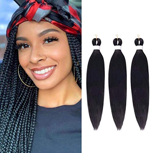 3Packs/Lot Easy Braid Capelli intrecciati pre allungati Extension Trecce Prurito Impostazione acqua calda gratuita Fibra sintetica Yaki Texture Estensione naturale dei capelli (24 Inch 3 Pack,Black)