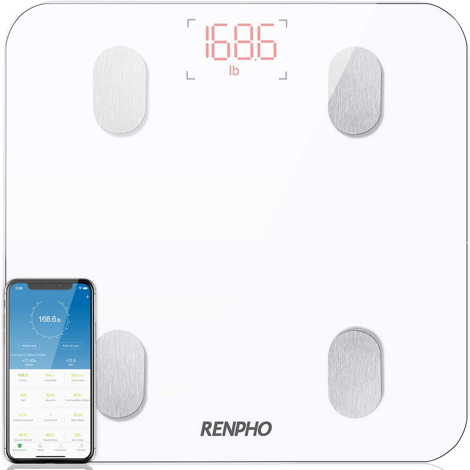 RENPHO Digitale Bilancia Pesapersone, Impedenziometrica Intelligente Bluetooth 13 Funzioni Analisi Composizione Corporea con App per Massa Grassa, BMI, Grasso Viscerale, Bianco