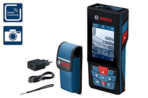 Bosch Professional Distanziometro laser GLM 120 C (fotocamera, trasferimento dati Bluetooth, misurazione: 0,08 – 120 m; con cinturino di trasporto, cavo micro-USB, caricabatteria, custodia protettiva)