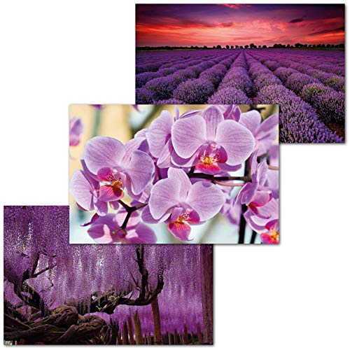 GREAT ART Set di 3 Poster XXL - Natura Viola - Glicine Wisteria Lavanda Orchidea Mistica Alberi Piante Paesaggi Decorazione Murale cadauno 140 x 100 cm