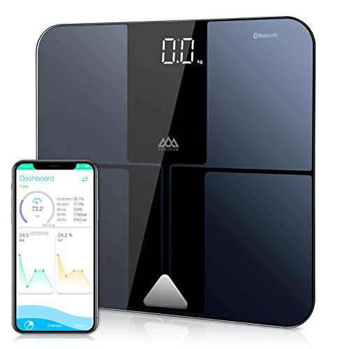 SENSSUN Bilancia Pesa Persona Digitale,Composizioni del corpo di carico massimo.180 kg,Bilancia Impedenziometrica Bluetooth,Bilancia pesa Persona Disponibile per 15 Utenti,Para iOS y Android (Black)