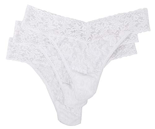 Hanky Panky Original Rise Thong - Tanga con Vita ad Altezza Regolare, Slip Intimo per Donna in Pizzo Signature Lace Elasticizzato - Taglia Unica - Colore Bianco - 3 Pezzi