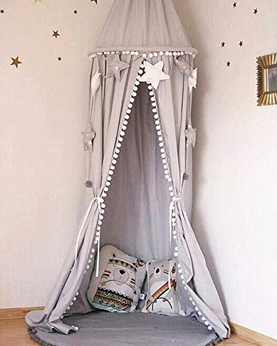 Letto a baldacchino con pompons per la camera dei bambini, Hanging zanzariera per lettino per bambini, Castello Gioco Tenda scuola materna Gioca Room Decor, Grigio