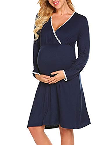 MAXMODA Vestito da maternità Donna Abito di maternità Allattamento Camicia da Notte Premaman Scollo a V a Maniche Lunghe Elegante Navy Blu