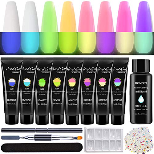 Homost Polygel Unghie Kit, Glow in the Dark Poly Nail Gel Starter Kit, Kit di estensione gel per unghie a 8 colori