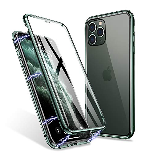 ZHIKE Custodia per iPhone 11 PRO Max, Caso Adsorbimento Magnetico Anteriore e Posteriore in Vetro Temperato Copertura a Schermo Intero Flip Cover di Design a Un Pezzo (Verde Trasparente)