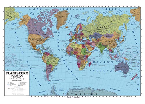 Carta geografica murale planisfero mondo 100x140 scolastica bifacciale fisica e politica