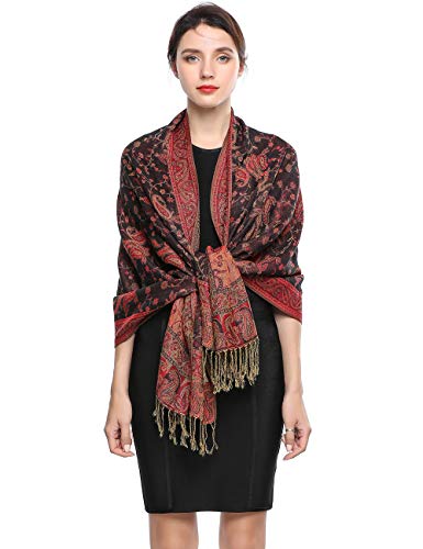 EASE LEAP Sciarpa Pashmina per donna scialle avvolgente caldo di lusso con sensazione di seta Hijab Paisley in colori ricchi con frange 200 * 70cm/(5-Nero rosso)