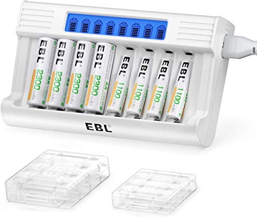 EBL Caricabatterie Indipendenti con LED Display, Caricatore con 5V 2A Funzione di Ricarica Rapida, Confezione con 4 pcs AA Batterie Ricaricabili & 4 pcs AAA Batterie Ricaricabili