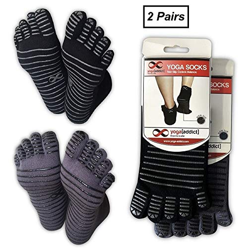 YogaAddict Calze Yoga Pilates, per Donna e Uomo, Danza, Uso Domestico, Allenamento, Fitness, Antiscivolo - Nero, Grigio, 2 Paia, M/L