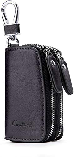 Contacts Vera Pelle Doppio Car Key Case Cerniera Del Supporto Del Raccoglitore Chiave Del Sacchetto Nero