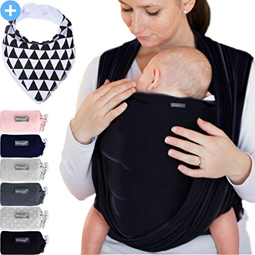 Makimaja - Fascia porta bebè nero – tracolla di alta qualità per neonati e bambini fino a 15 kg – cotone leggero – include una borsa portaoggetti e un bavaglino