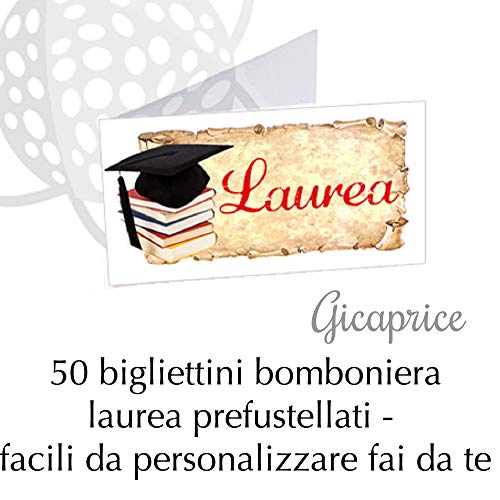 GICAPRICE BIGLIETTINI BIGLIETTINO BOMBONIERA Pronti ALL'UTILIZZO PRETAGLIATI (50 Pezzi Laurea Cappello + Libri)