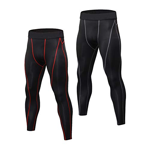 Niksa 2 pezzi Uomo Pantaloni Fitness Abbigliamento sportivo Compressione Leggings,Compression Pants Baselayer for Gym Jogging Running(Black Red 1060 L)