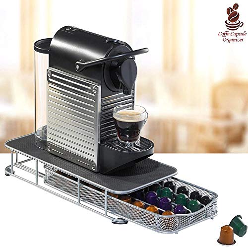 Bakaji Contenitore Porta Capsule e Cialde Caffè Nespresso Nescafè Lavazza In Metallo Cassetto Estraibile Silver e Top Nero (36 x 28 x 7,5 cm.)