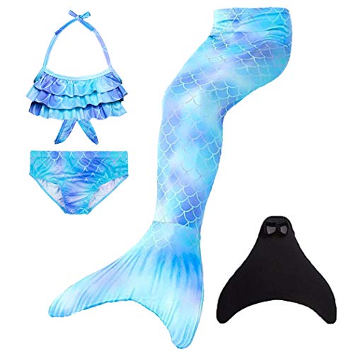 Wishliker - Set da 4 pezzi per costume da sirena, da bambina, con coda da sirena e bikini A6 blu + xia 140 cm
