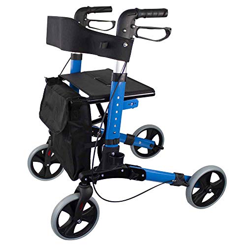 Mobiclinic, Trajano, Deambulatore per anziani, adulti o disabili, in alluminio, leggero, pieghevole, con seduta e 4 ruote, Celeste