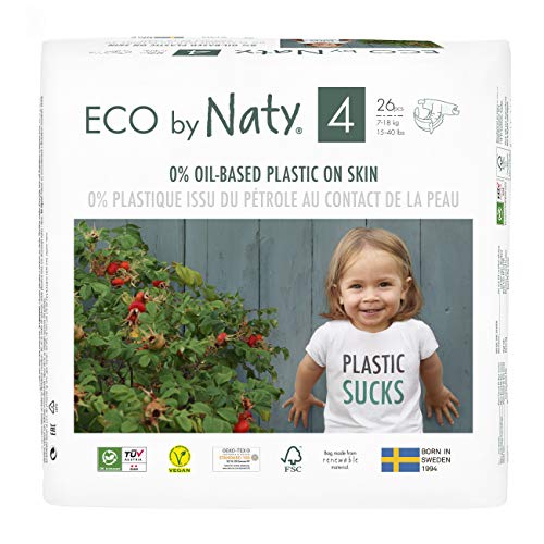 Eco by Naty, Taglia 4, 156 pannolini, 7-18kg, fornitura di UN MESE, Pannolino ecologico premium a base vegetale con lo 0% di plastica a base di petrolio sulla pelle.